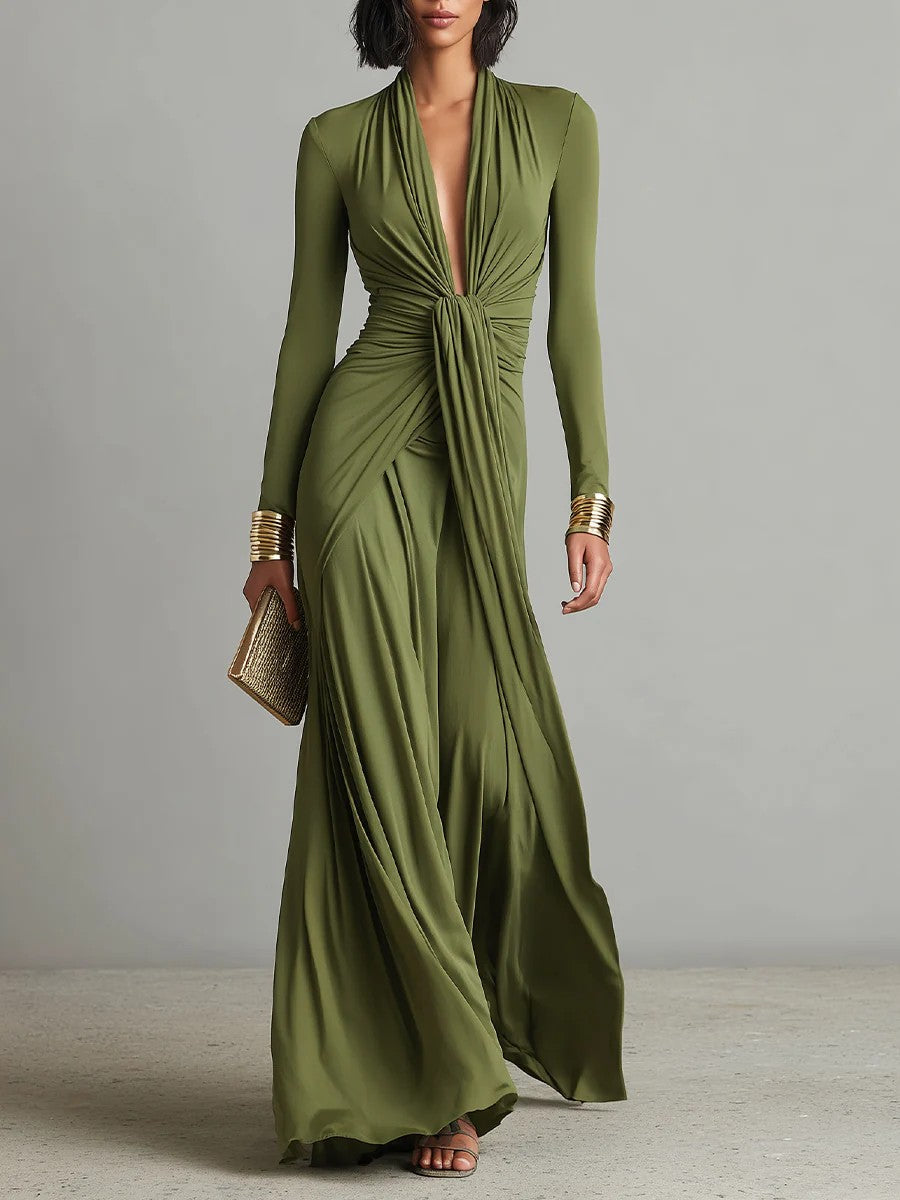 Women's Wedding Guest Twist Knot Deep V-Neck Long Sleeve Maxi Dress – ANYA