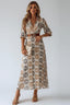 Women's Boho Brown Printed Wrap V-Neck 3/4 Sleeve Flowy Maxi Dress