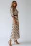 Women's Boho Brown Printed Wrap V-Neck 3/4 Sleeve Flowy Maxi Dress