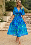 Women's Elegant Floral Puff Sleeve Party Midi Dress