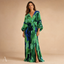 Women's Boho Printed Pleated V-Neck Balloon-Sleeve Flowy Maxi Dress