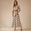 Women's Boho Printed Wrap V-Neck 3/4-Sleeve Flowy Maxi Dress