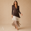 Women's Deep V-Neck 3/4-Sleeve Tiered-Fringe Fitted Midi Dress