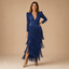 Women's Deep V-Neck 3/4-Sleeve Tiered-Fringe Fitted Midi Dress