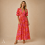 Women's Floral Puff-Sleeve V-Neck Flowy Relaxed-Fit Maxi Dress