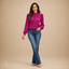 Women's High-Neck with Cuffs Pleated-Front Long Puff-Sleeve Blouse