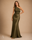 Women's One-Shoulder Asymmetric Pleated Floor-Length Maxi Dress