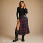 Women's Plaid Pleated Kilt with High Slit and Buckle Waist Midi Skirt