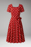 Women's Polka Dot Square Neck Tie Waist Midi Dress
