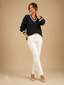 Women's Relaxed Cable-Pattern V-Neck Contrast-Trim Pullover Sweater