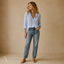 Women's Relaxed V-Neck Button-Front Collared Long-Sleeve Blouse