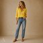 Women's Relaxed V-Neck Button-Front Collared Long-Sleeve Blouse