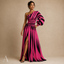 Women's Striped One-Shoulder Ruched-Waist Long-Sleeve Slit Maxi Dress