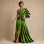 Women's Striped One-Shoulder Ruched-Waist Long-Sleeve Slit Maxi Dress