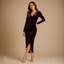 Women's V-Neck Long-Sleeve Ruched Wrap-Front Fitted Midi Dress