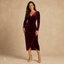Women's Wedding Guest Ruched Long Sleeve V-Neck Midi Dress