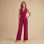 Women's Wedding Guest Sleeveless V-Neck Tie Waist Wide Leg Jumpsuit