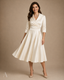 Women's Wrap V-Neck Pleated-Waist 3/4-Sleeve Fit-and-Flare Midi Dress