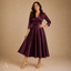 Women's Wrap V-Neck Pleated-Waist 3/4-Sleeve Fit-and-Flare Midi Dress