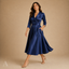 Women's Wrap V-Neck Pleated-Waist 3/4-Sleeve Fit-and-Flare Midi Dress