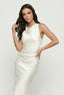 Women's Fitted White Sleeveless Cowl Neck Ruched Midi Dress