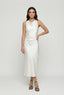 Women's Fitted White Sleeveless Cowl Neck Ruched Midi Dress