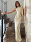 Sloane | Beige Satin Sleeveless Graduation & Wedding Guest Maxi Dress