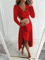 Women’s Elegant Long Sleeve V-Neck Wrap Midi Slit Dress