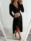 Women’s Elegant Long Sleeve V-Neck Wrap Midi Slit Dress