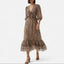 Women's Chic Brown Print V-Neck Midi Dress