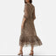Women's Chic Brown Print V-Neck Midi Dress