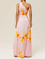 Women's Asymmetric Floral Pink One-Shoulder Maxi Dress