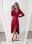Women's Draped Belted Long Sleeve V-Neck High-Low Wrap Dress