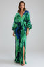 Women's Boho Green Printed Pleated V-Neck Balloon Sleeve Maxi Dress