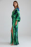 Women's Boho Green Printed Pleated V-Neck Balloon Sleeve Maxi Dress