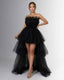 Women's Prom Black Strapless Tulle High Low Tiered Ruffle Maxi Dress