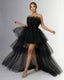Women's Prom Black Strapless Tulle High Low Tiered Ruffle Maxi Dress