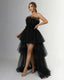 Women's Prom Black Strapless Tulle High Low Tiered Ruffle Maxi Dress