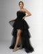 Women's Prom Black Strapless Tulle High Low Tiered Ruffle Maxi Dress