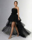 Women's Prom Black Strapless Tulle High Low Tiered Ruffle Maxi Dress