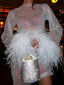 Women's Sequin Mini Cocktail Dress Long Sleeve Feather Cuffs