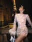 Women's Sequin Mini Cocktail Dress Long Sleeve Feather Cuffs