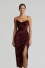 Women's Wedding Guest Draped Cowl Neck Slit Fitted Midi Dress