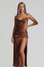 Women's Wedding Guest Draped Cowl Neck Slit Fitted Midi Dress