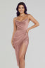 Women's Wedding Guest Draped Cowl Neck Slit Fitted Midi Dress