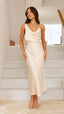 Women's Draped Cowl Neck Midi Wedding Guest Dress