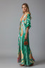Women's Boho Printed Kaftan V-Neck Tie Waist Flowy Maxi Dress