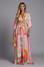 Women's Boho Printed Kaftan V-Neck Tie Waist Flowy Maxi Dress