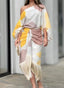 Women's Wedding Guest Abstract Print One Shoulder Fringe Hem Midi Dress