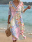 Women's Wedding Guest Boho Floral Patchwork V-Neck Midi Dress